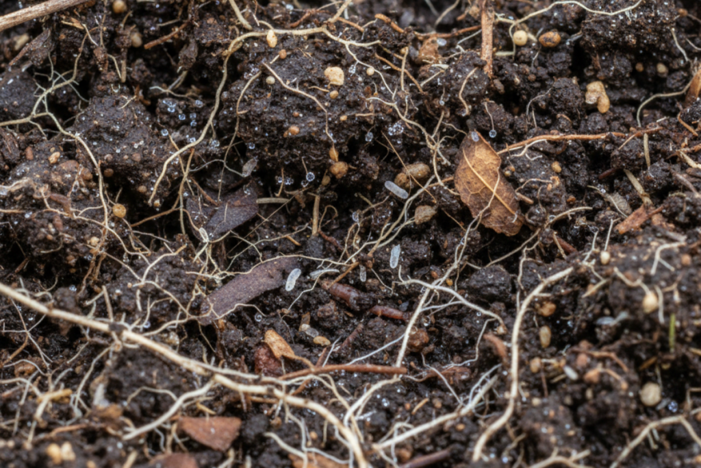 suelo agrícola con materia orgánica y microorganismos